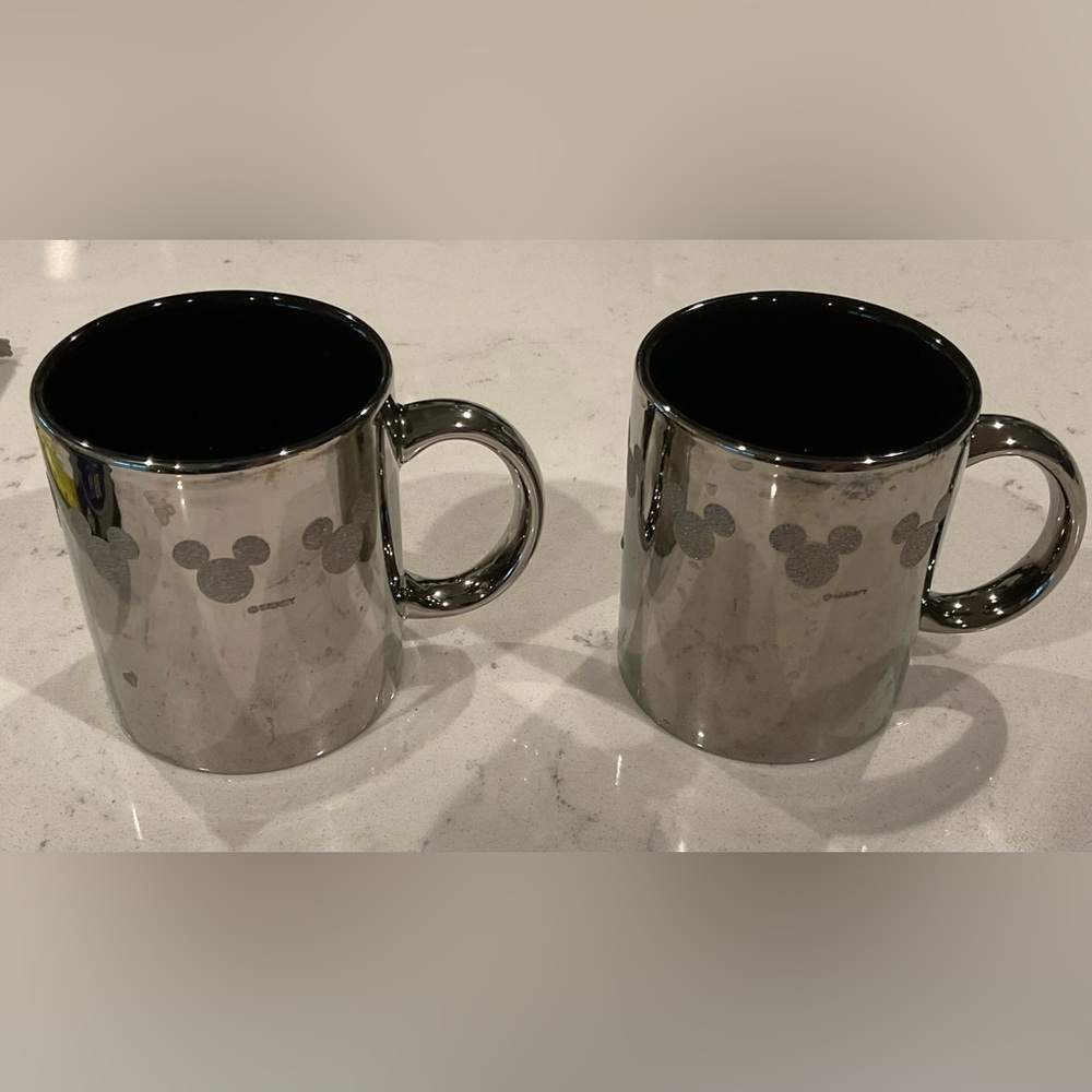 2-Disney Silver Mugs Marked Disney Chromed Metallic Mirror Coffee/Tea Mugs